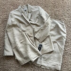 Anna Carole 3 Pc Silk Suit Set Blazer Beaded Top Pencil Skirt Beige Sz 8 NWT